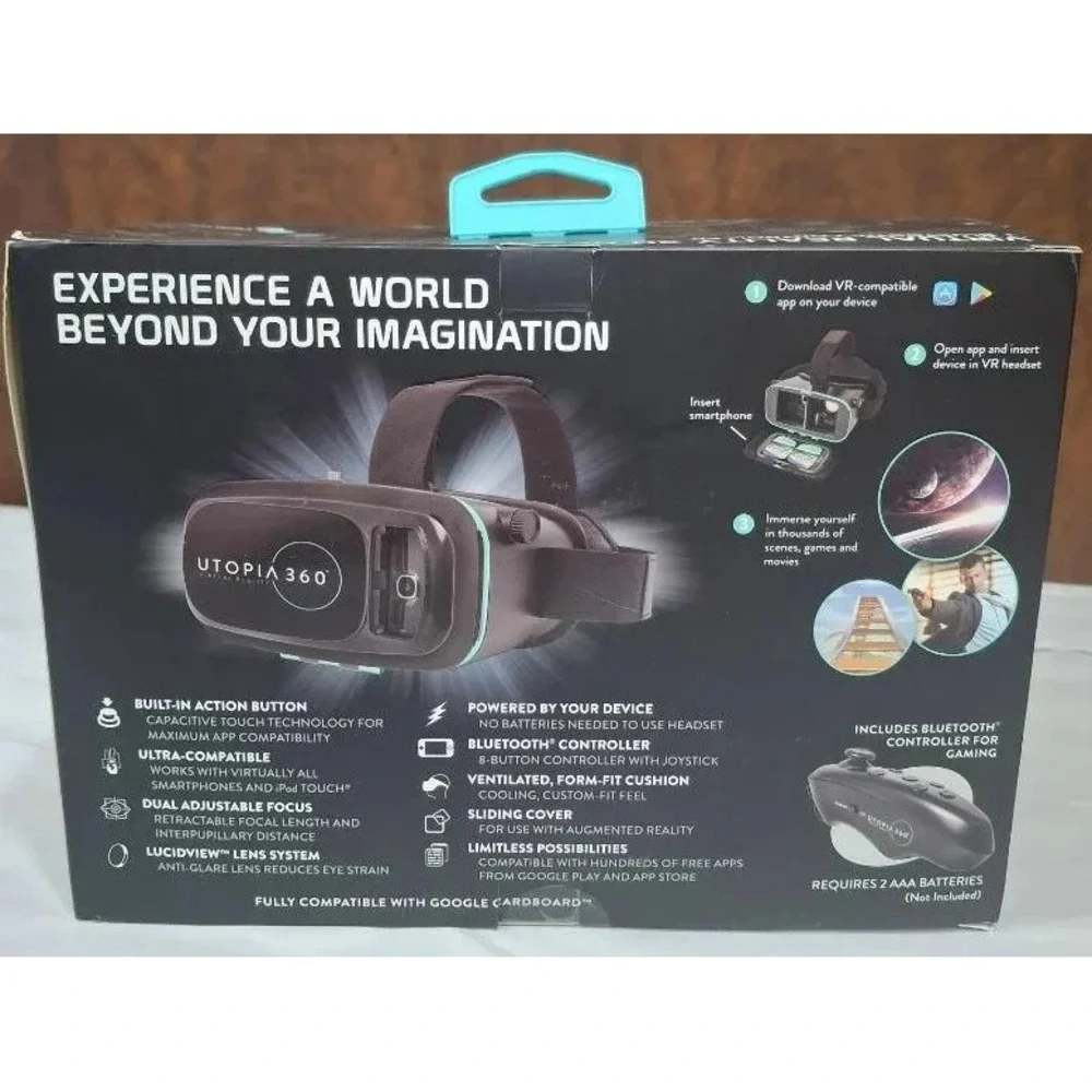 Utopia 360 Virtual Reality 3D Headset + Bluetooth Controller New In Box